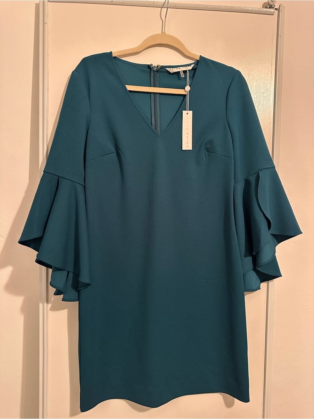 Trina Turk Teal Layered Ruffle Sleeve V-Neck Dress